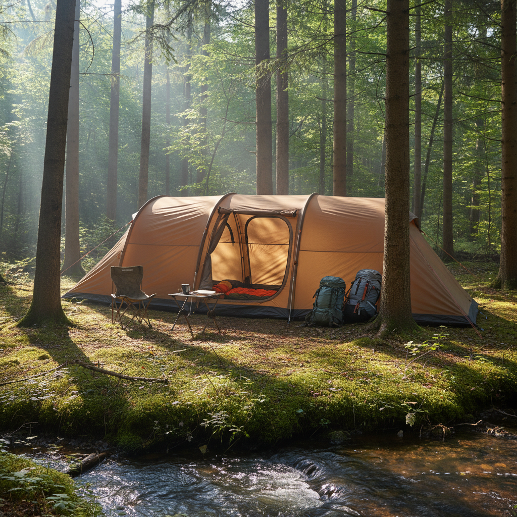 숲속 맑은 아침 햇살 아래 완벽하게 설치된 프리미엄 4인용 터널형 텐트의 고해상도 전경 사진으로 깨끗한 관리 상태와 튼튼한 원단의 질감이 돋보이는 이미지