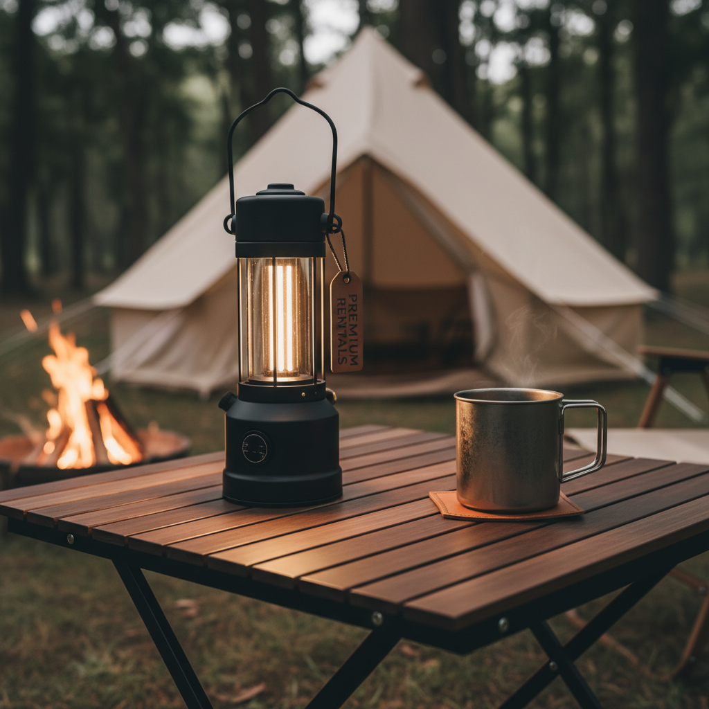 감성 캠핑 스타일의 고급 원목 롤테이블 위에 세련된 블랙 알루미늄 랜턴과 티타늄 캠핑 컵이 배치된 클로즈업 사진으로 프리미엄 렌탈 장비의 가치를 강조한 이미지