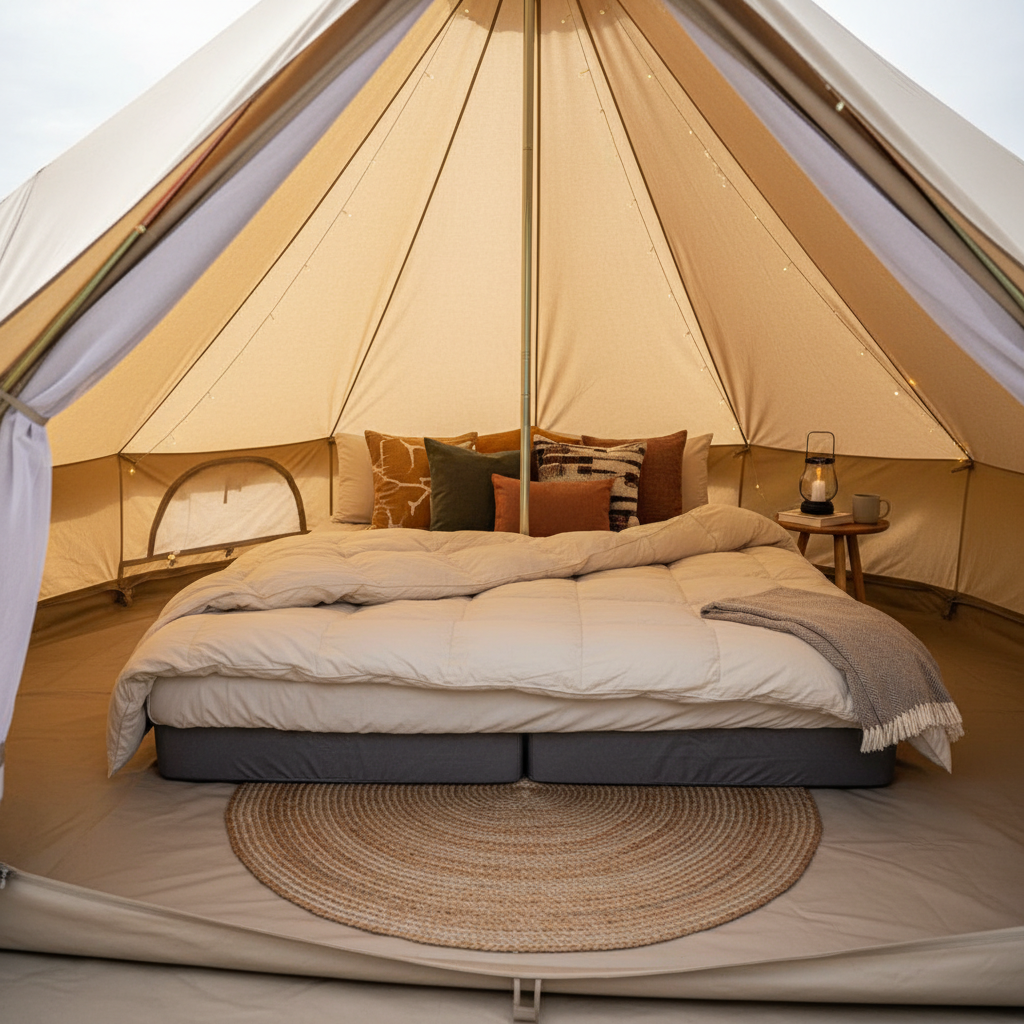 넓은 텐트 내부에 고밀도 자충 매트와 고급 거위털 침낭, 그리고 감성적인 디자인의 쿠션들이 세팅된 모습으로 렌탈 장비의 안락함과 청결함을 강조한 실내 이미지