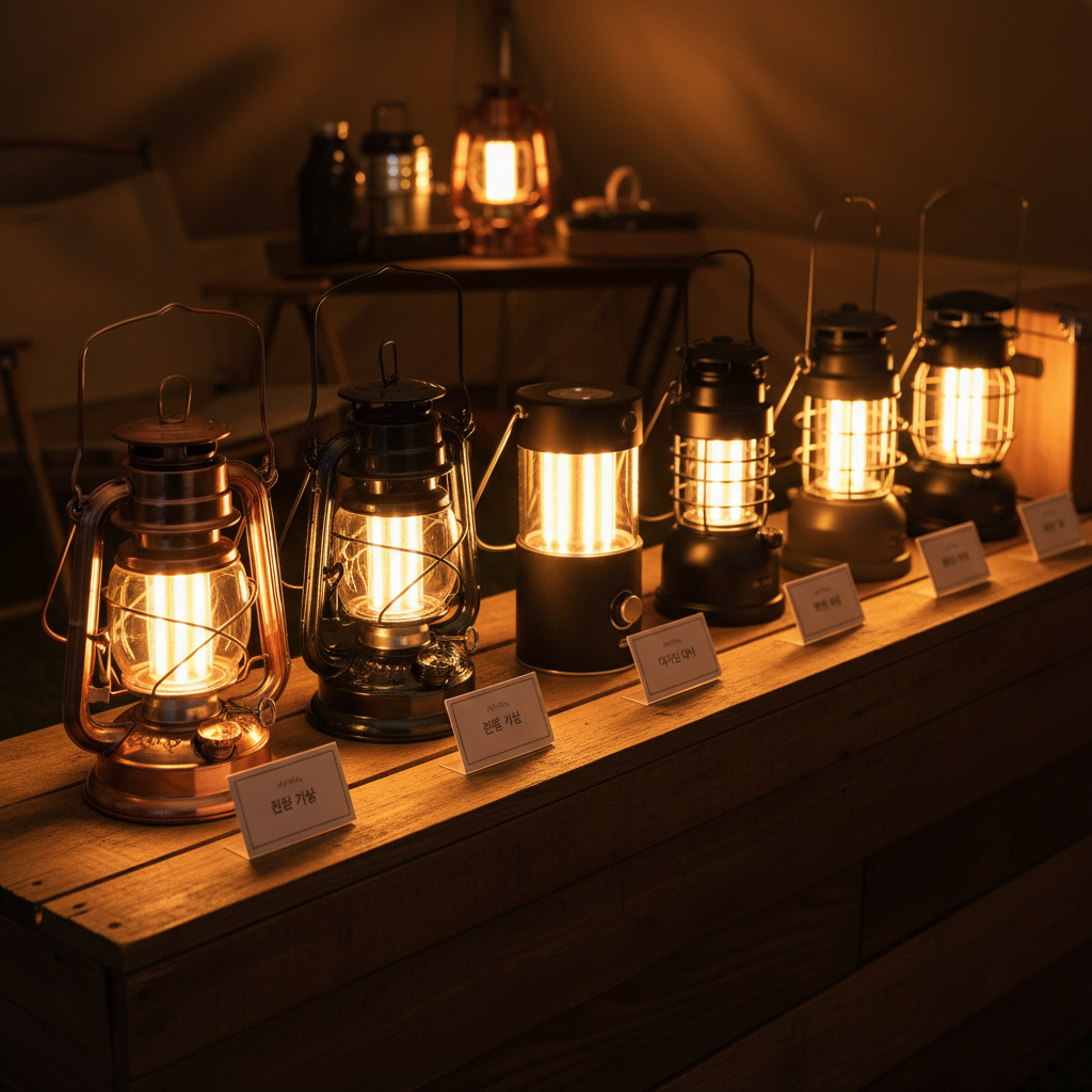 따뜻한 전구색 조명을 밝히는 다양한 디자인의 LED 캠핑 랜턴들이 원목 선반에 진열되어 있는 모습으로 대여 가능한 조명 장비의 다양성을 보여주는 이미지