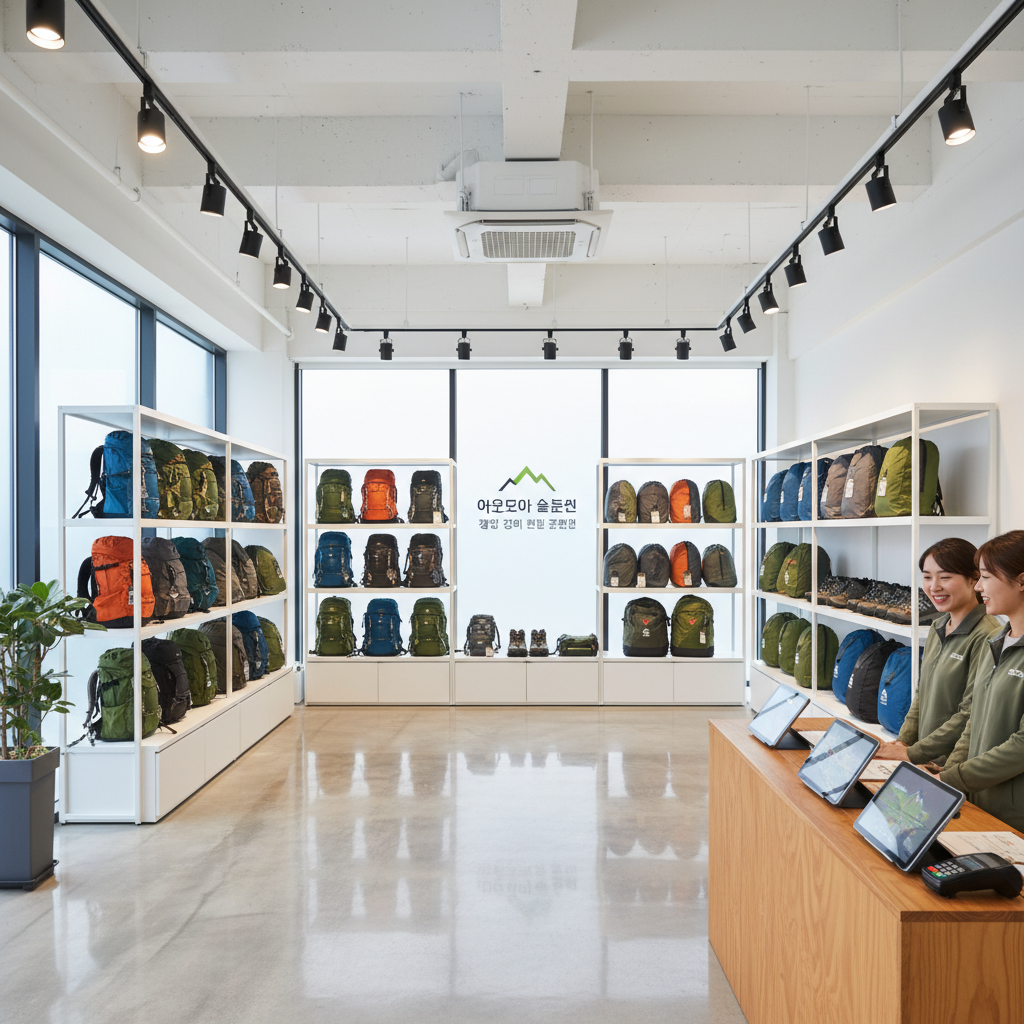 캠핑 장비 렌탈 전문점의 현대적이고 밝은 쇼룸 내부 전경으로 선반마다 정돈된 배낭, 등산화, 텐트 패키지들이 신뢰감과 전문성을 전달하는 이미지