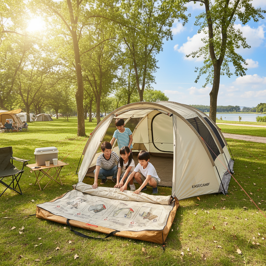 햇살 가득한 잔디밭 캠핑장에서 가족이 함께 대여한 대형 리빙쉘 텐트를 즐겁게 설치하는 장면으로 초보자도 쉽게 이용 가능한 장비의 편의성을 표현한 이미지
