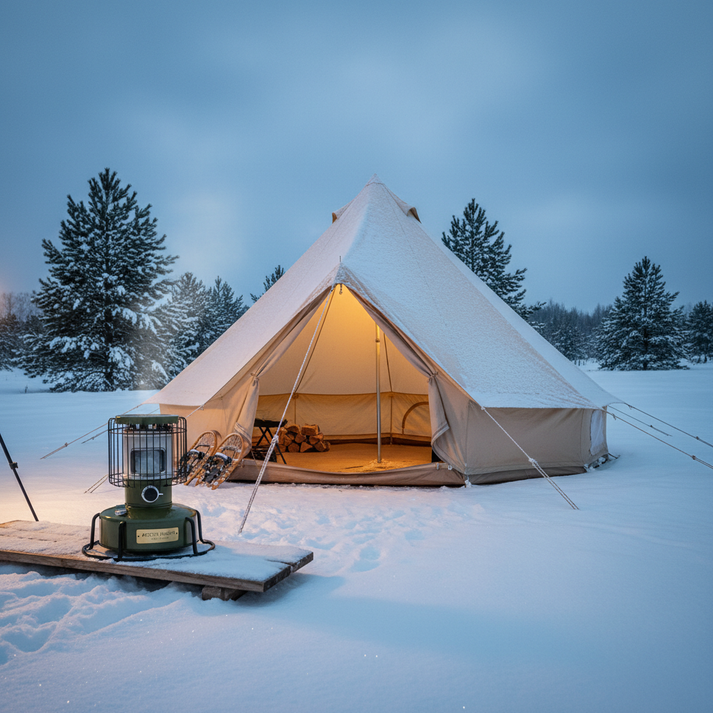 눈 덮인 겨울 캠핑장에서 사용되는 튼튼한 캔버스 벨 텐트와 안전망이 갖춰진 캠핑용 등유 난로의 모습으로 계절별 특화된 전문 장비의 성능을 강조한 이미지